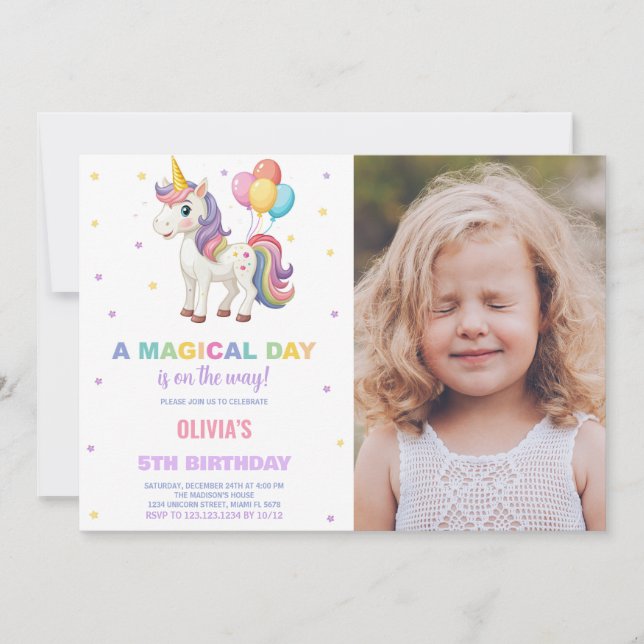 Convite Foto do Rainbow Balloon Unicorn Birthday Invtions (Frente)