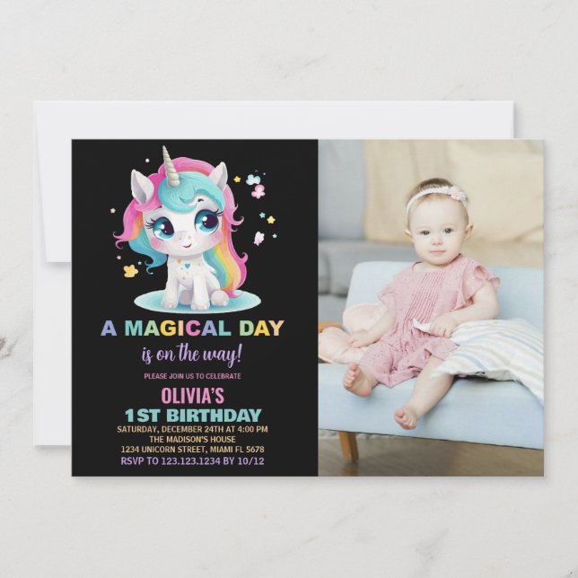 Convite Foto do Rainbow Black Unicorn Birthday Invtions (Frente)