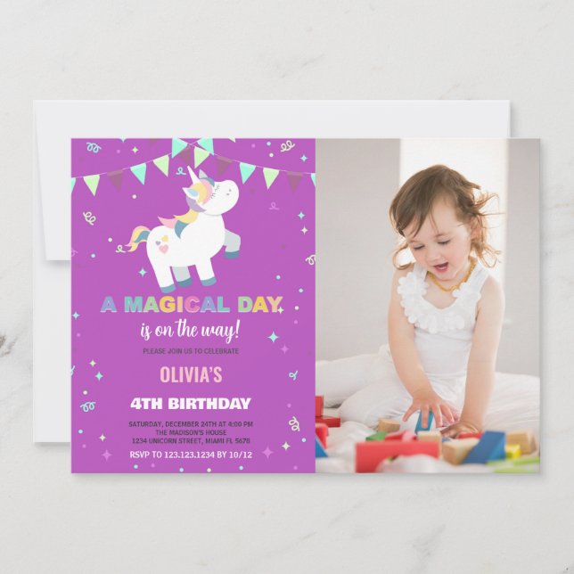 Convite Foto do Rainbow Fly Unicorn Birthday Invances (Frente)