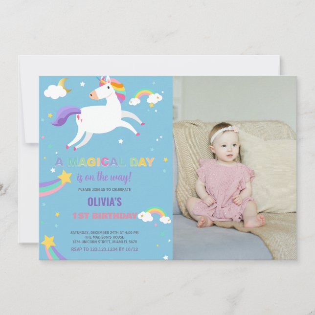 Convite Foto do Rainbow Fly Unicorn Birthday Invances (Frente)