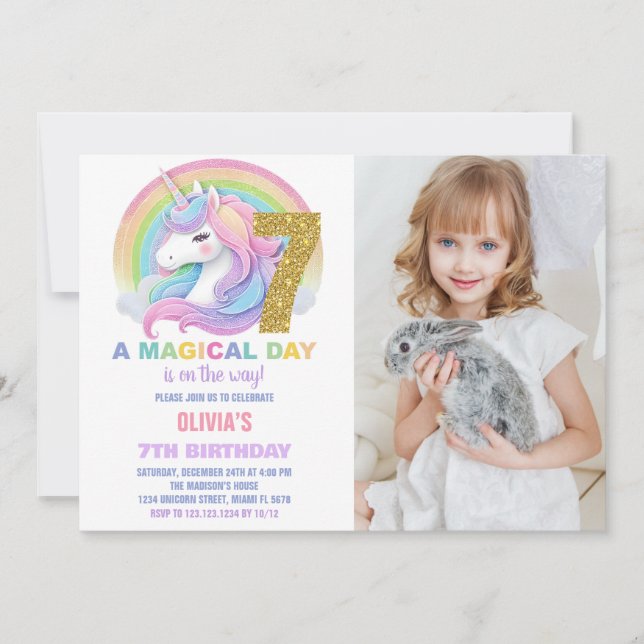 Convite Foto do Rainbow Glitter Unicorn Birthday Invances (Frente)