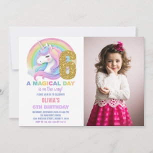 Convite Foto do Rainbow Glitter Unicorn Birthday Invances