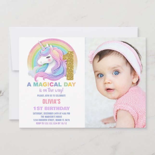 Convite Foto do Rainbow Glitter Unicorn Birthday Invances (Frente)