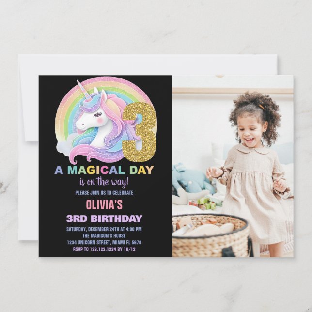 Convite Foto do Rainbow Glitter Unicorn Birthday Invances (Frente)