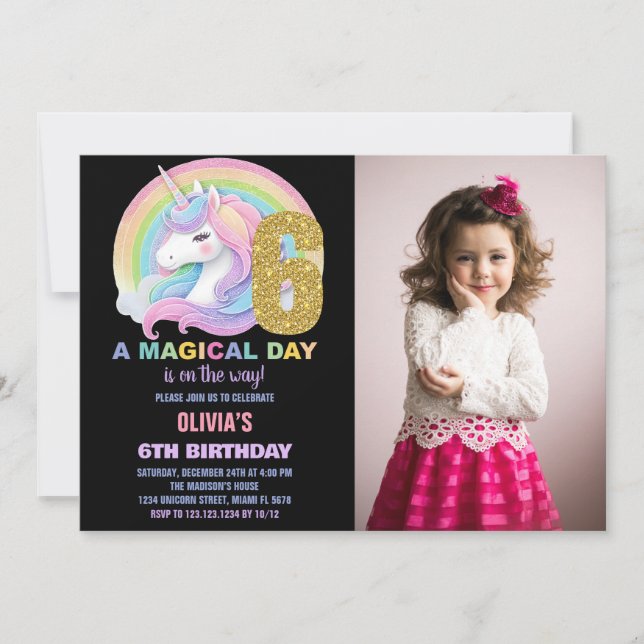 Convite Foto do Rainbow Glitter Unicorn Birthday Invances (Frente)