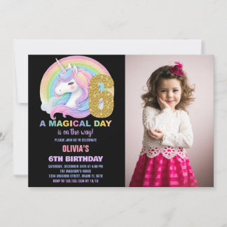Convite Foto do Rainbow Glitter Unicorn Birthday Invances