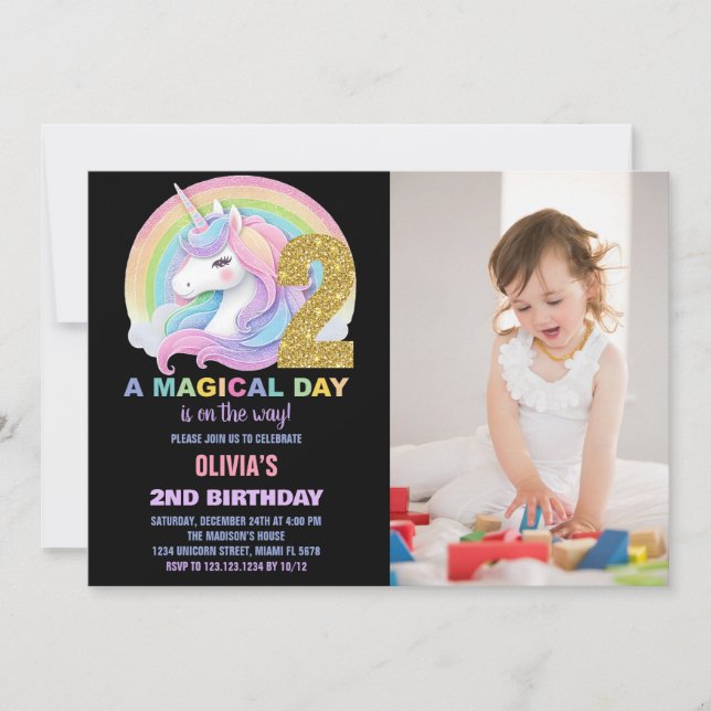 Convite Foto do Rainbow Glitter Unicorn Birthday Invances (Frente)