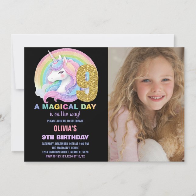 Convite Foto do Rainbow Glitter Unicorn Birthday Invances (Frente)
