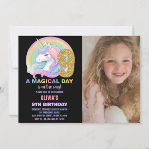 Convite Foto do Rainbow Glitter Unicorn Birthday Invances