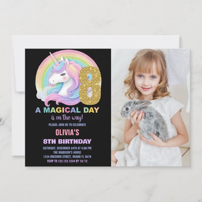 Convite Foto do Rainbow Glitter Unicorn Birthday Invances (Frente)