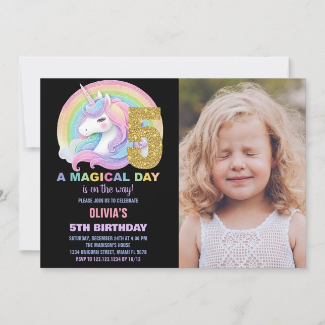 Convite Foto do Rainbow Glitter Unicorn Birthday Invances (Frente)