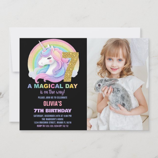 Convite Foto do Rainbow Glitter Unicorn Birthday Invances (Frente)