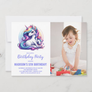 Convite Foto do Rainbow Purple Unicorn Birthday Invances