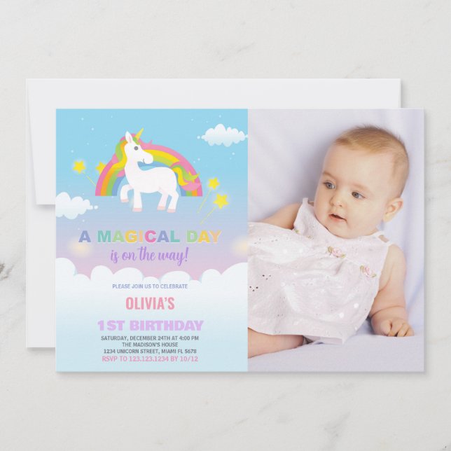Convite Foto do Rainbow Unicorn Birthday Invances (Frente)