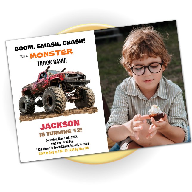 Convite Foto do Red Monster Truck Birthday (Red Monster Truck Birthday Invitations photo)