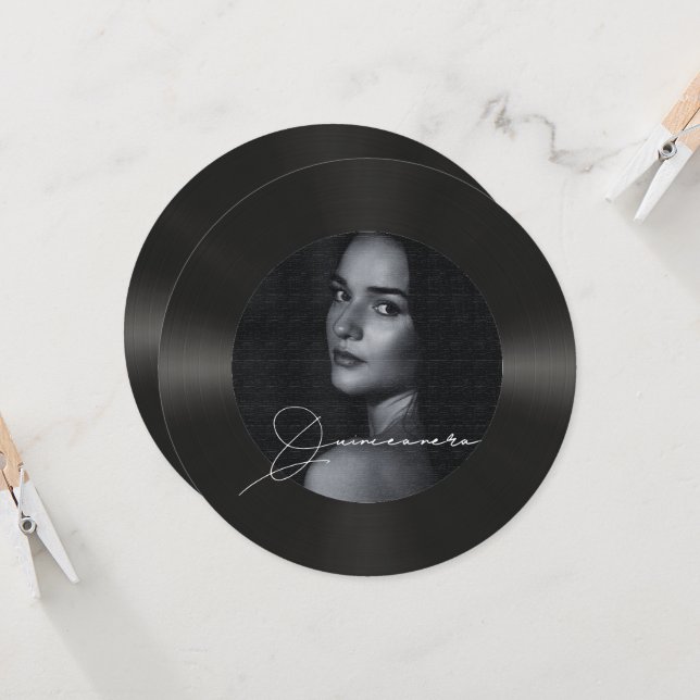 Convite Foto do registro de vinilo Quinceanera (Frente/Verso In Situ)