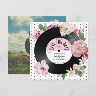 Convite Foto do registro de vinilo retro-floral Salvar dat