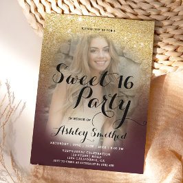 Convite Foto do rico mbre glitter dourado da Burgundy Swee
