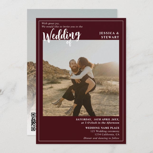 Convite Foto do roteiro de casamento vermelho-preto Qr (Frente/Verso)