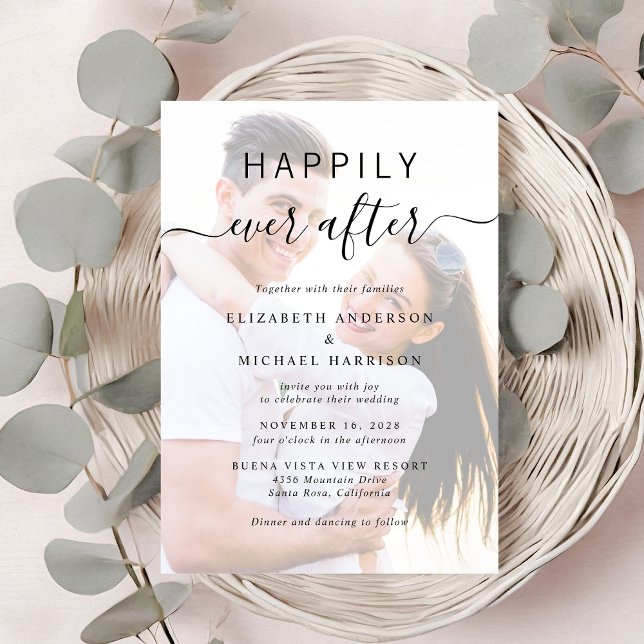 Convite Foto do Script Chic Código QR Dusty Blue Casamento (A chic Happily Ever After Photo Wedding Invitation)