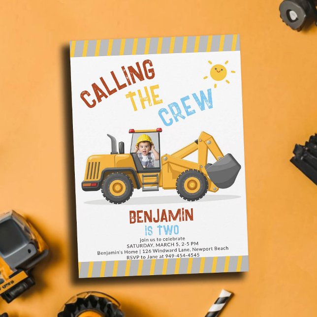 Convite Foto do segundo aniversário Bulldozer Crew Boy (photo construction birthday invitation 2 second boys bulldozer vehicle crew theme personalized)