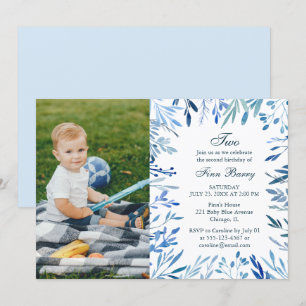Convite Foto do segundo aniversário de Garoto Floral Azul