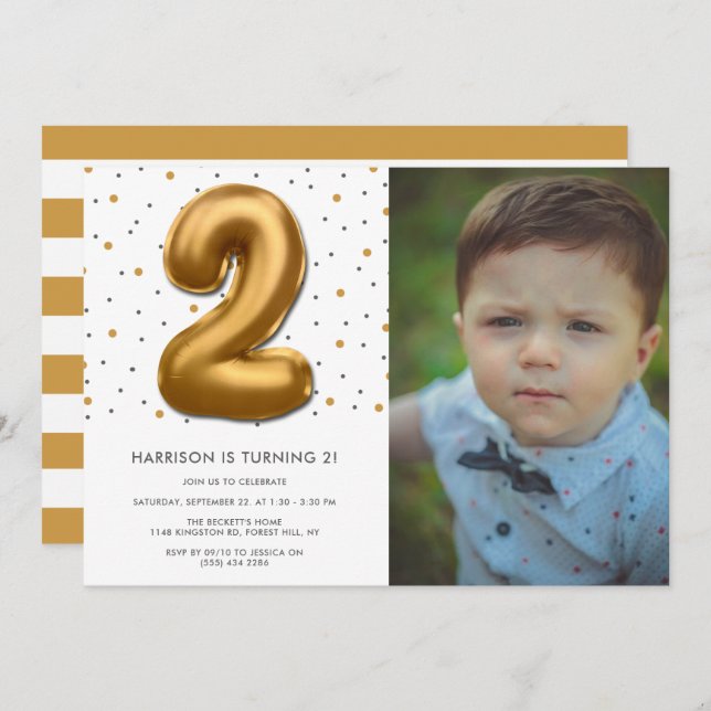 Convite Foto do segundo aniversário do Balão de Folha Ouro (Frente/Verso)