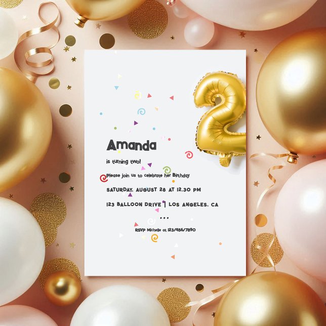 Convite Foto do segundo aniversário Gold Foil Balloon e Co (Gold Foil Balloon and Confetti 2nd Birthday Photo Invitation)