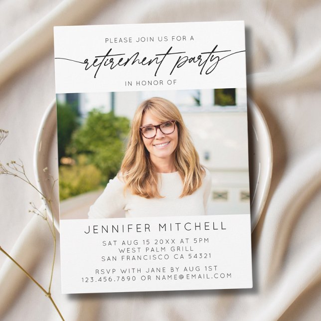 Convite Foto do Simples Elegante Script Retirement Party (Criador carregado)