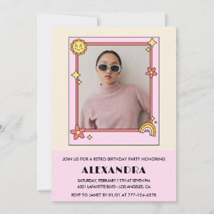 Convite Foto do Sol Arco-Íris Retro Rosa Aniversário de 34