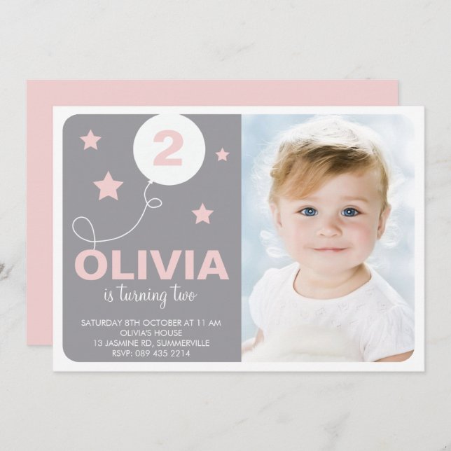 Convite Foto Do Sonhador, Rosa E Cinza, Foto De Aniversári (Frente/Verso)