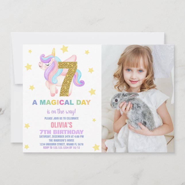 Convite Foto do Star Rainbow Unicorn Birthday Invances (Frente)