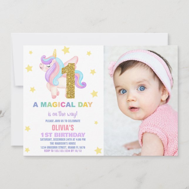 Convite Foto do Star Rainbow Unicorn Birthday Invances (Frente)