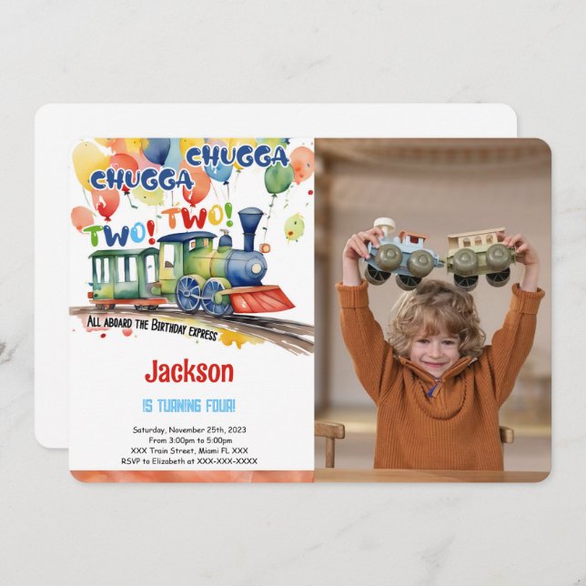 Convite Foto do Trem da Festa de Aniversário de 4 anos (Frente/Verso)
