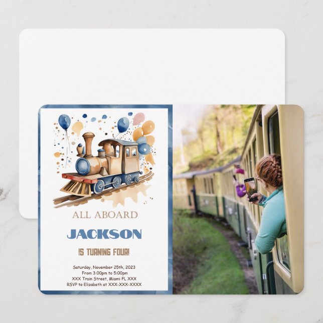 Convite Foto do trem de aniversário do 4º aniversário (Frente/Verso)