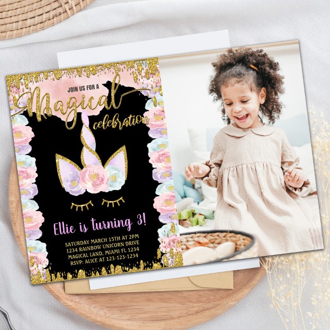 Convite Foto do Unicórnio sem brilho mágico preto (Black Magical Glitter Unicorn Birthday w photo Invitation)