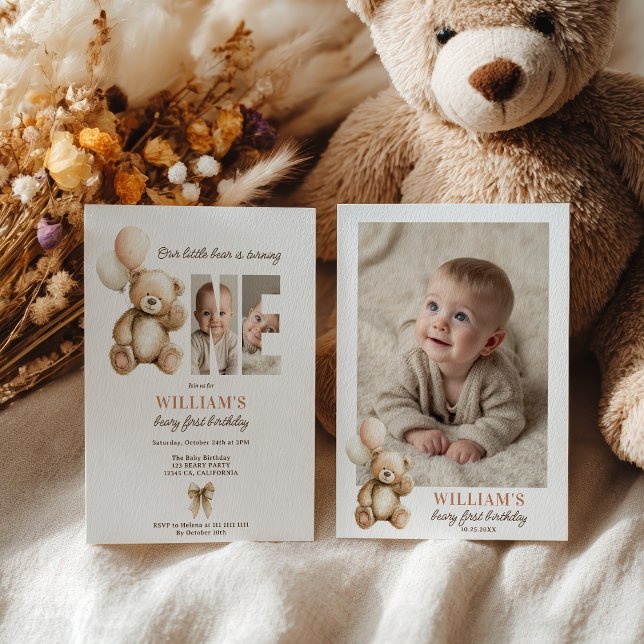 Convite Foto do Urso de Teddy primeiro aniversario de Urso (Cute brown Beary 1st Birthday Teddy Bear Photo Invitation)