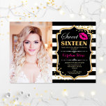 Convite Foto Doce 16 Aniversário - Dourado Beijo Rosa<br><div class="desc">Foto Doce 16 Aniversário - Dourado Beijo Rosa. Doce dezesseis convites de aniversário com sua foto. Apresenta faixas brancas pretas,  fonte de script,  lábios beijam e confetti. Design cor-de-rosa branca,  branca e fúcsia com ouro brilhante. Perfeito para uma elegante festa de 16 dias.</div>
