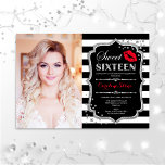 Convite Foto Doce 16 Aniversário - Vermelho Kiss Silver Bl<br><div class="desc">Foto Doce 16 Aniversário - Vermelho Kiss Silver Black. Doce dezesseis convites de aniversário com sua foto. Apresenta faixas brancas pretas,  fonte de script,  lábios beijam e confetti. Design vermelho preto clássico com prata brilhante. Perfeito para uma elegante festa de 16 dias.</div>
