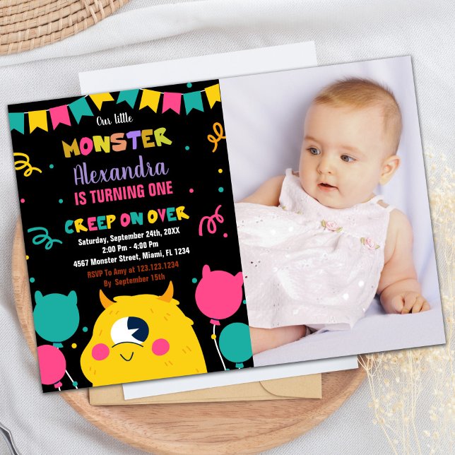 Convite Foto dos Sinalizadores do Monster Birthday Calls B (Monster Birthday Invitations Ballons Flags photo)