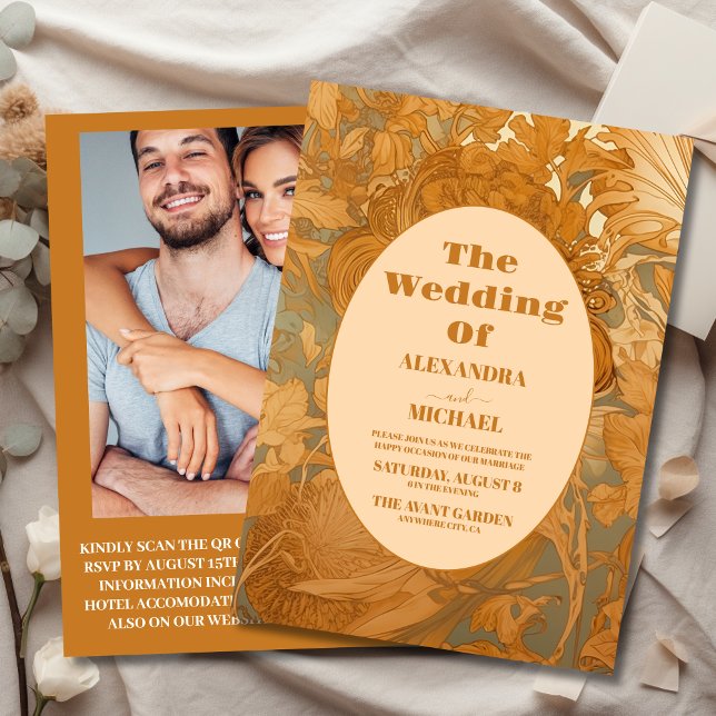 Convite Foto Dourada Arte Floral Nouveau Casamento (Criador carregado)