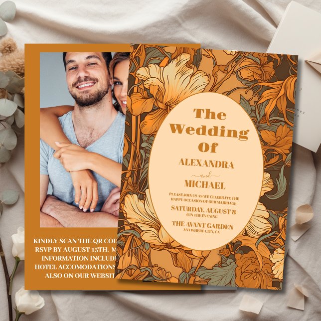 Convite Foto Dourada Arte Floral Nouveau Casamento (Criador carregado)