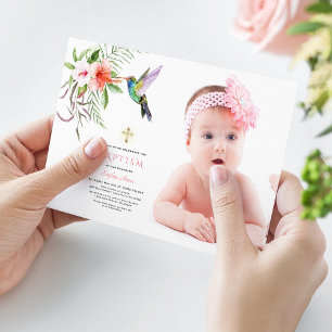 Convite Foto Dourada Batismo de Charm Pink White Hibiscus