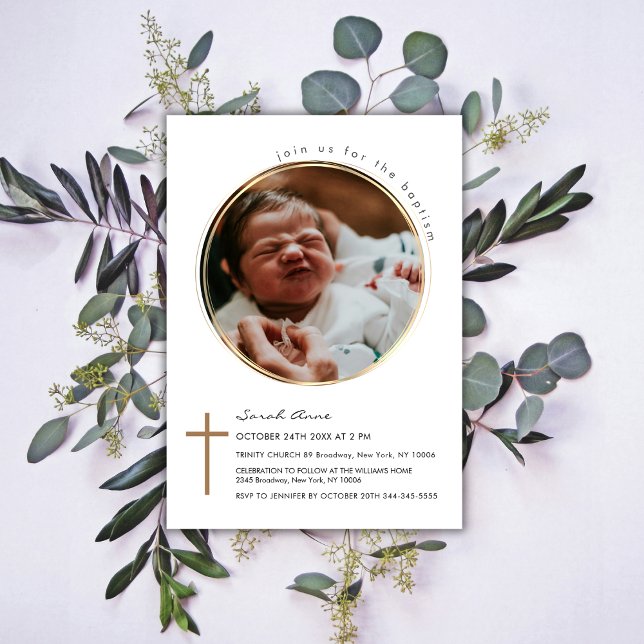 Convite Foto Dourada Batismo em Círculo Arredondado Modern (Modern Round Circle Photo Gold Cross Baptism Invitation)