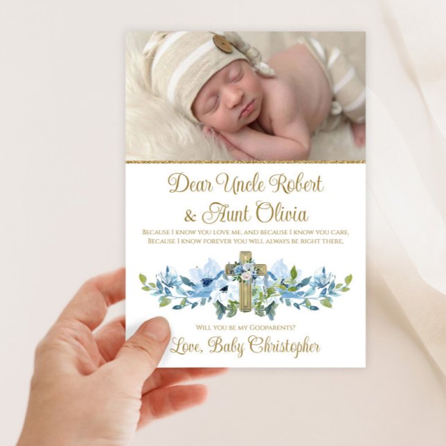Convite Foto Dourada Blue Cross Boy Godparent (Sweet babu blue and gold cross photo Godparent invitation. simply upload your photo and details.)