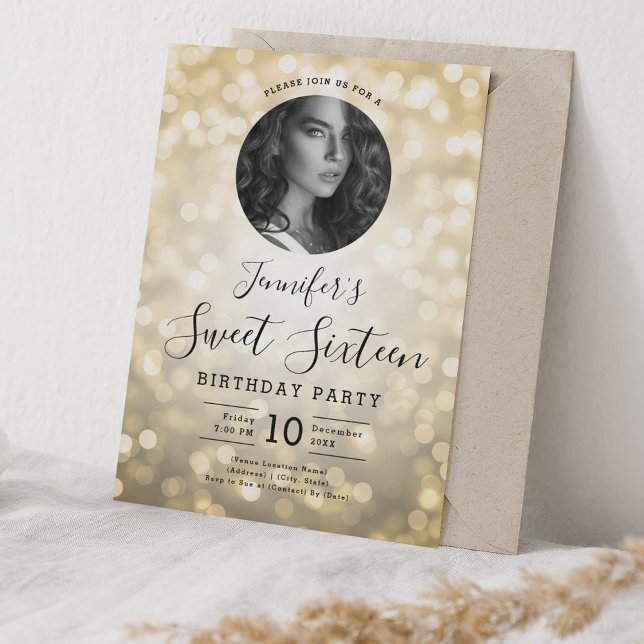 Convite FOTO Dourada Bokeh Lights Sweet 16 Party (PHOTO Gold Bokeh Lights Sweet 16 Party Invitation)