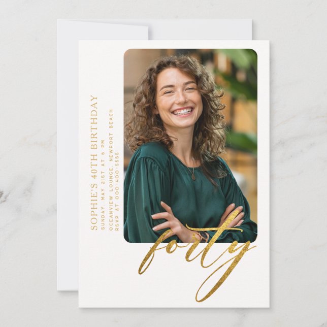 Convite Foto Dourada branca de aniversário de 40 anos mode (Frente)