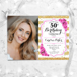 Convite Foto Dourada branca, rosa, cor-de-rosa, 50º aniver<br><div class="desc">Elegante convite floral feminino para o 50º aniversário com sua foto. Glam, branco e cor-de-rosa bebê com ouro brilhante falso. Apresenta faixas, rosas de rosa claro, fonte de script e confetti. Perfeito para uma festa de comemoração de na moda adulto. Personalize com seus próprios detalhes. Pode ser personalizado para qualquer...</div>