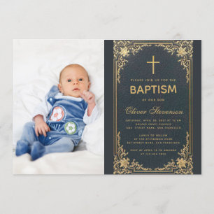 Convite Foto Dourada Cruz e Script do Menino Azul Baptism