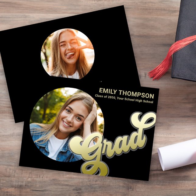Convite Foto Dourada da Festa de formatura Retroativa Pret (Graduation gold typography circle photo invitation template.)